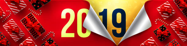 istock Happy New Year Promotion Poster or banner with open gift wrap paper and gift box.Change or open to new year 2019 concept.Promotion and shopping template for New Year.Vector illustration EPS10 1063969718