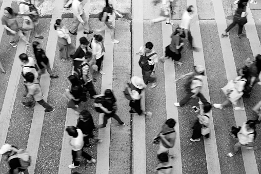 Busy pedestrian crossing at Hong Kong (Black and white)