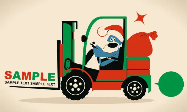 Vector illustration of Cute blue Santa Claus with gift sack driving a forklift