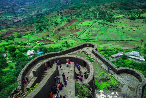 Top View of Ancient fort in Maharahtra. A top view of Lohagad, Pune, Maharashtra with the green background and different colors maharashtra stock pictures, royalty-free photos & images
