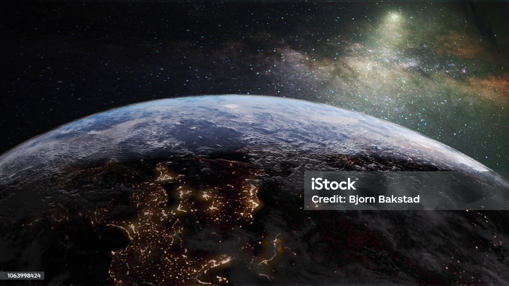 Terra con luci notturne e via lattea - Foto stock royalty-free di Globo terrestre