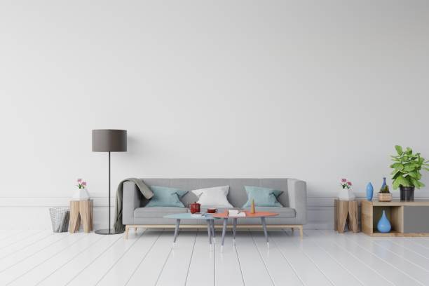 istock White room have gray sofa and wooden table 1063998748