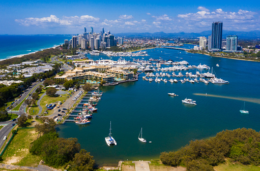 Sydney, Australia - February 24, 2024: Building skyline view of Sydney CBD from Darling Harbour.