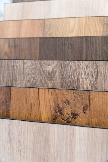 istock Wood flooring samples selection in rack in retail store with no people 1064016436