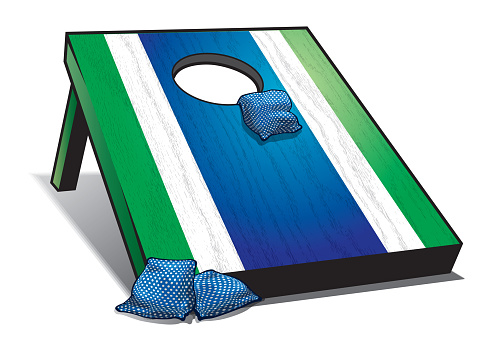 A realistic illustration of a bean bag toss outdoor game, sometimes referred to as cornhole