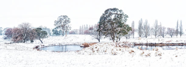 istock Small pond in a snowy rural countryside landscape 1064019472