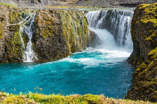 Summer view of the beautiful Sigoldufoss waterfall at Fjallabak Nature Reserve in Central Highlands of Iceland