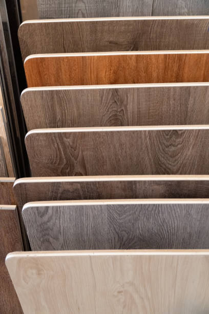 istock Wood flooring samples selection in rack in retail store with no people 1064020072