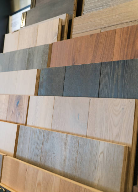 istock Wood flooring samples selection in rack in retail store with no people 1064020082