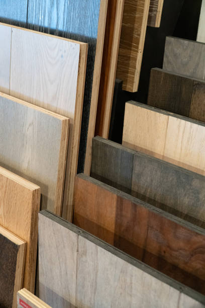 istock Wood flooring samples selection in rack in retail store with no people 1064020122