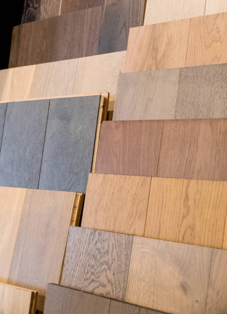 istock Wood flooring samples selection in rack in retail store with no people 1064021586