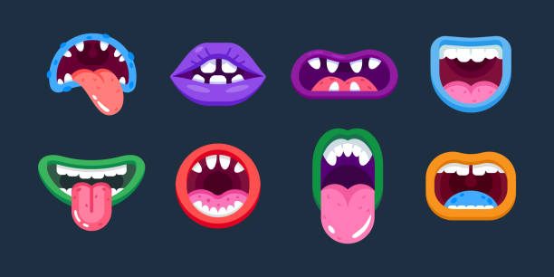 istock Lips of monsters, in different positions, terrible emotions, facial expressions. 1064021778