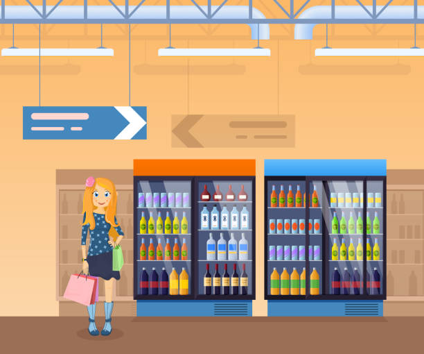 ilustraciones, imágenes clip art, dibujos animados e iconos de stock de chica con bolsas en las manos, en el interior de tienda de fondo. - shopping supermarket department store women
