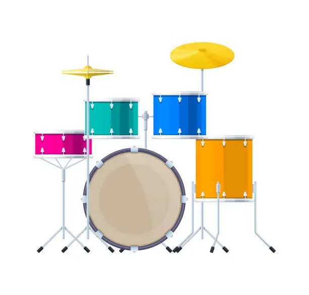 Vector illustration of Realistic percussion musical instrument, drum set, sound barrels, plates, wands.