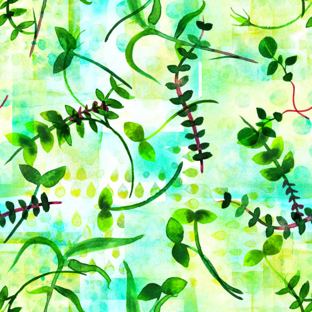 istock A teal green seamless pattern with watercolor branches and leaves, a repeat print on a patchwork background 1064021938