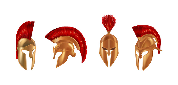 Realistic bronze metal helmets in different angles. Spartan helmets.