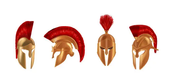 Vector illustration of Realistic bronze metal helmets in different angles. Spartan helmets.