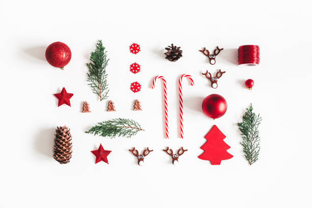 istock Christmas composition. Fir tree branches, decorations on white background. Christmas, winter, new year concept. Flat lay, top view 1064023710