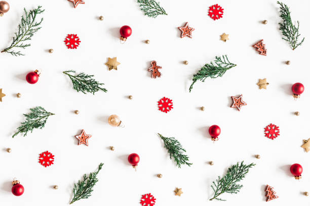 istock Christmas composition. Fir tree branches, decorations on white background. Christmas, winter, new year concept. Flat lay, top view 1064023712