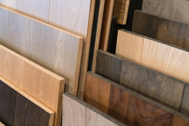 istock Wood flooring samples selection in rack in retail store with no people 1064023796