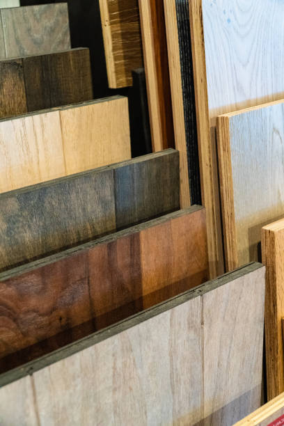 istock Wood flooring samples selection in rack in retail store with no people 1064024980