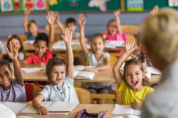 istock Large group of elementary students raising arms to answer the teacher's question on a class. 1064025526
