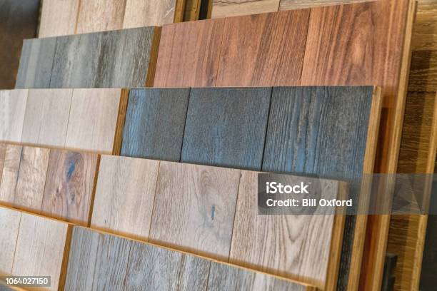Wood Flooring Samples Selection In Rack In Retail Store With No People Stock Photo - Download Image Now
