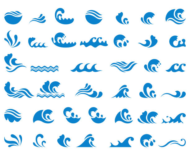 ilustraciones, imágenes clip art, dibujos animados e iconos de stock de conjunto de iconos de onda - oceano
