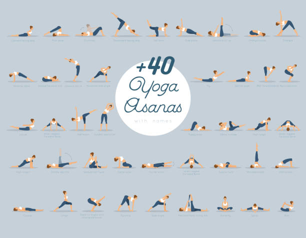 illustrazioni stock, clip art, cartoni animati e icone di tendenza di +40 yoga asanas con nomi - yoga