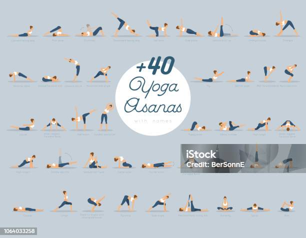 40 Yoga Asanas With Names Stock Illustration - Download Image Now - Yoga, Stretching, Illustration