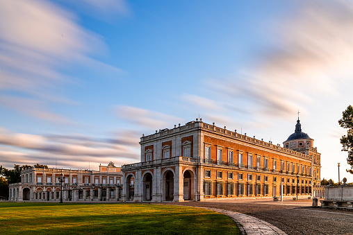 Aranjuez, Spain - October 20, 2018: Royal Palace of Aranjuez at sunrise. It is a residence of the King of Spain open to the public. Long exposure