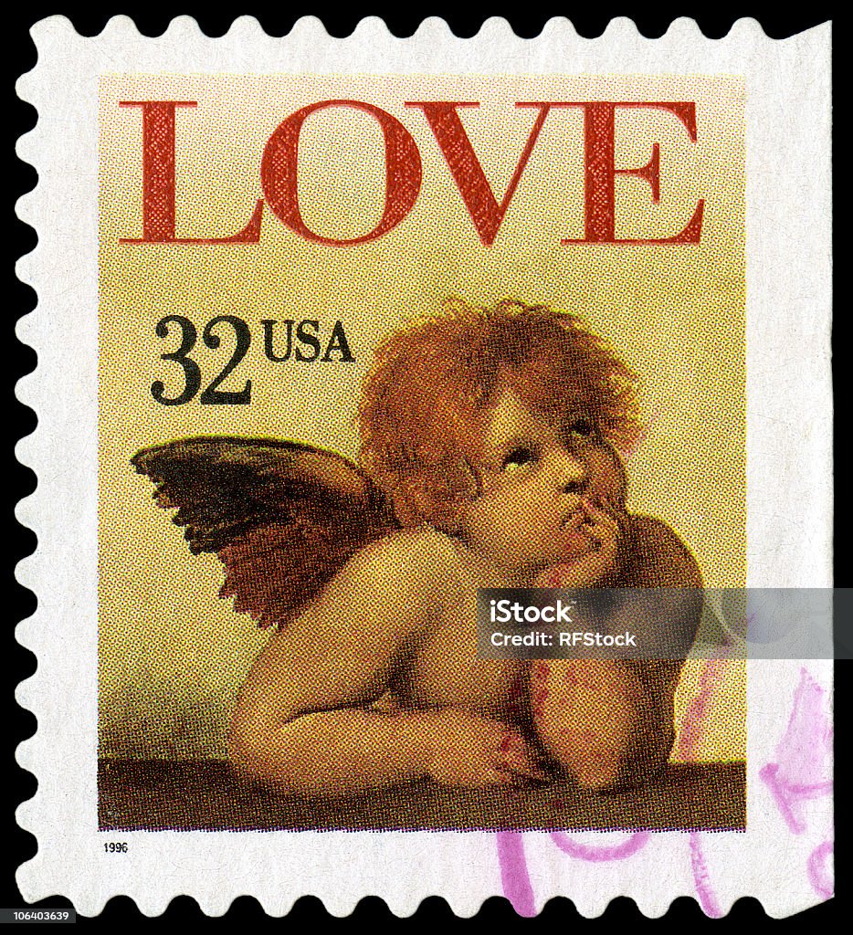Raphael's Sistine Madonna Love Cherub Raphael's Sistine Madonna Love Cherub stamp of 1986 - shows one of the cherubs Postage Stamp Stock Photo