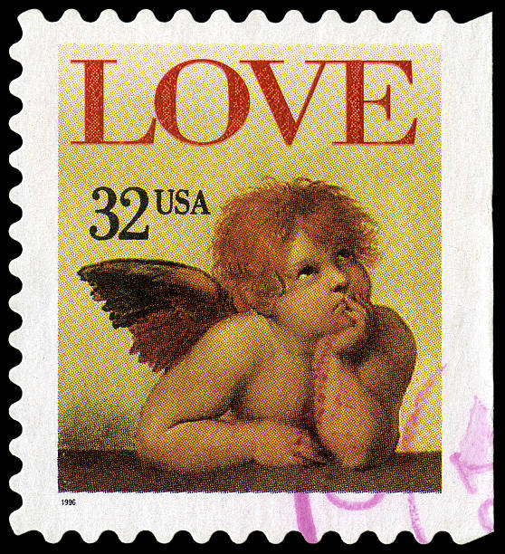 Raphael's Sistine Madonna Love Cherub Raphael's Sistine Madonna Love Cherub stamp of 1986 - shows one of the cherubs sistine madonna stock pictures, royalty-free photos & images