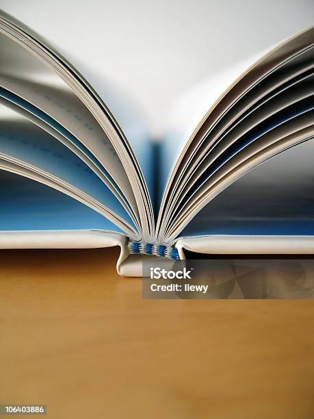 Close Up Of A Spine Of A Book With Open Pages Stock Photo - Download Image Now - Advice, Article, Blue