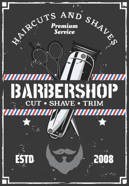 Vector illustration of Barbershop hairclipper, beard and scissors. Vector