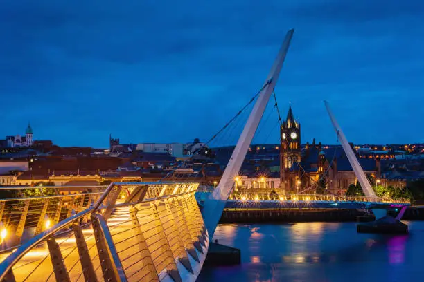 Photo of The Peace Bridge in Derry River Foyle at Night Northern Ireland