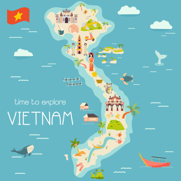 Vietnm cartoon vector map with famous destinations, animals, fruits, symbols Vietnm cartoon vector map with famous destinations, animals, fruits, symbols vietnam stock illustrations