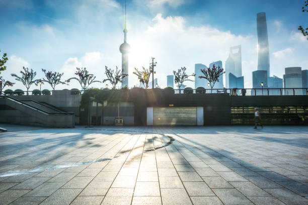 shanghai skyline in sunrise, huangpu river panorama