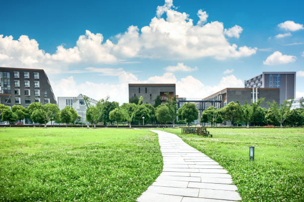 istock modern city road and building with grass 1064049314