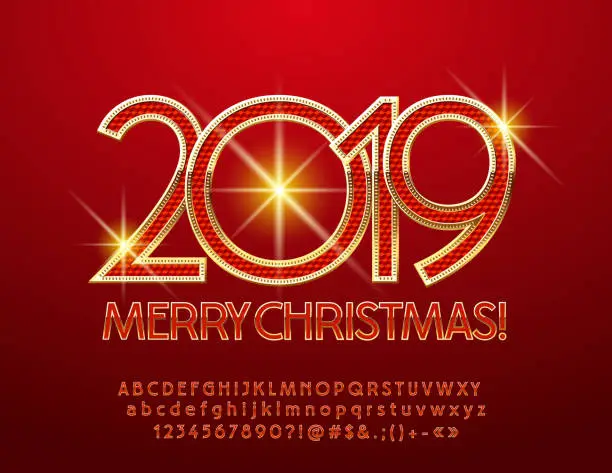 Vector illustration of Vector royal Greeting Card Merry Christmas 2019 with luxury Alphabet