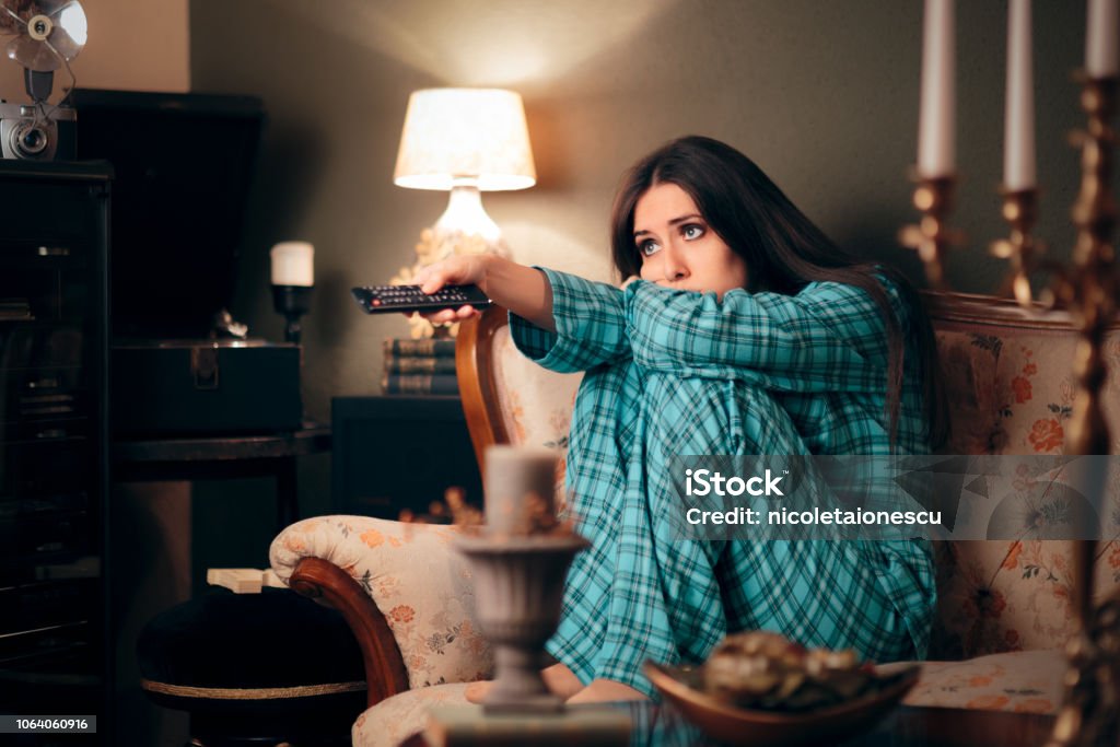 Girl Wearing Pajamas Watching Tv In Her Room Stock Photo - Download Image  Now - Binge Watch, Boredom, One Woman Only - iStock