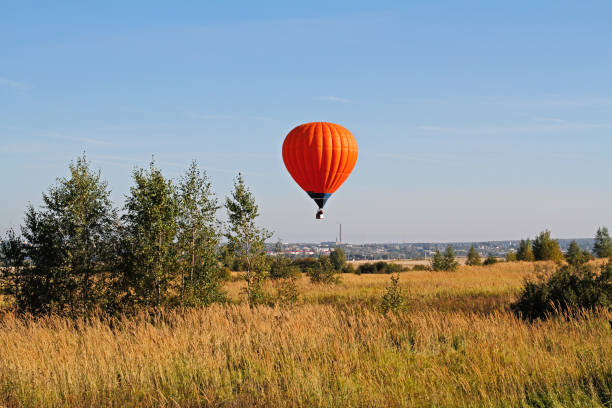 istock Orange hot air balloon flying over the field with trees 1064061002