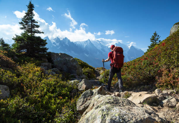 Hiking in the mountains A man hiking on the famous Tour du Mont Blanc near Chamonix, France. mont blanc photos stock pictures, royalty-free photos & images