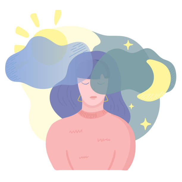 sleep disorder ill Mental disease illustration. Girl with sleep disorder problems and insomnia. Mental health weather concept. Vector illustration, cartoon flat style. bipolar disorder stock illustrations