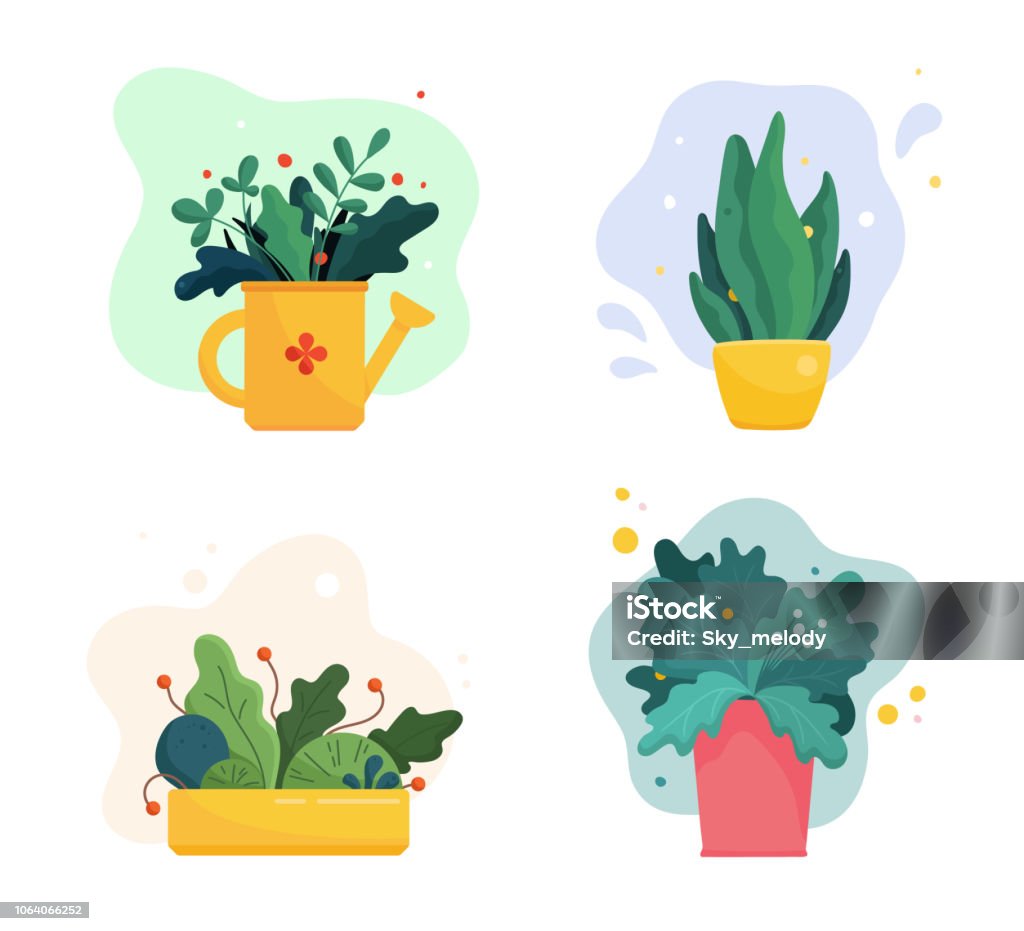 Ensemble de plantes luxuriantes abstraites dans les pots de fleurs et arrosoir. Feuilles mélangées, les fleurs et les baies. Illustration de jardinage domestique dans moderne simple plat style art. Illustration vectorielle isolée sur blanc - clipart vectoriel de Flore libre de droits