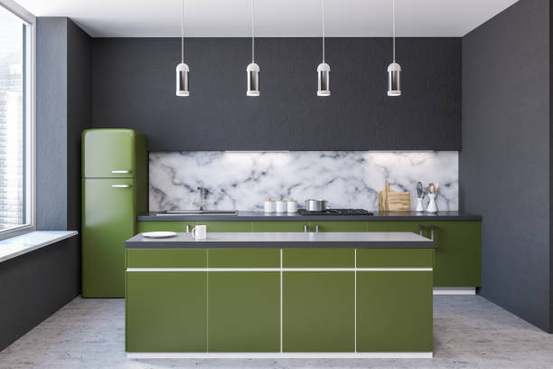 istock Kitchen interior, green countertops, island 1064066524