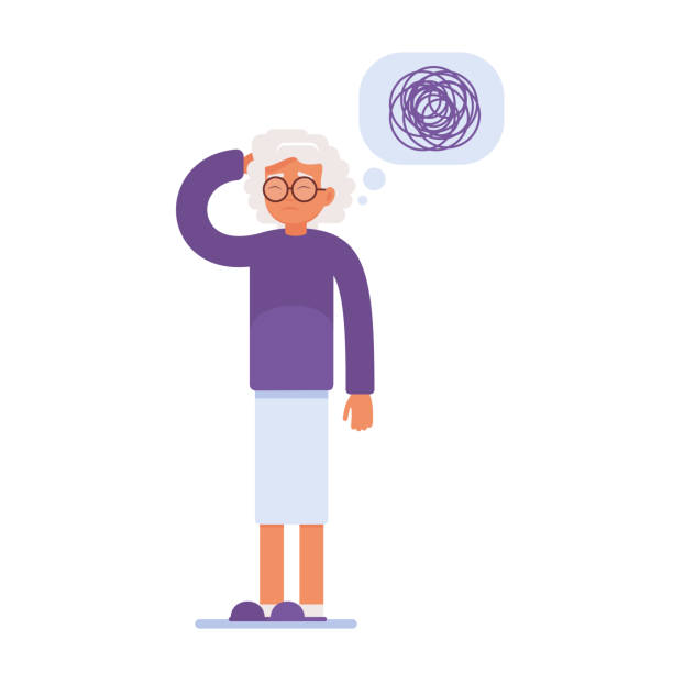 an elderly woman has memory problems an elderly woman has memory problems. a tangle of thoughts over her head. vector illustration of medical content sad old woman stock illustrations