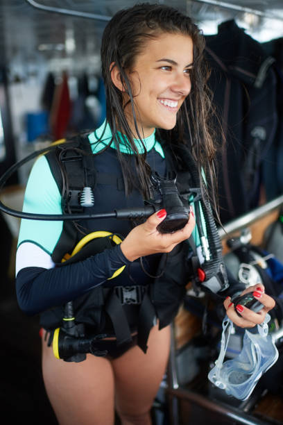 istock Female scuba diver reading her pressure gauge 1064066820