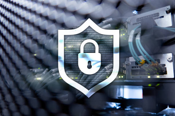 istock Cyber protection shield icon on server room background. Information Security and virus detection. 1064072242