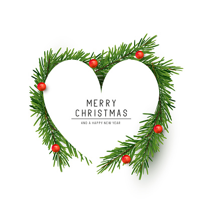 A heart shaped Christmas frame made with fir branches and red berries. Flat lay vector illustration